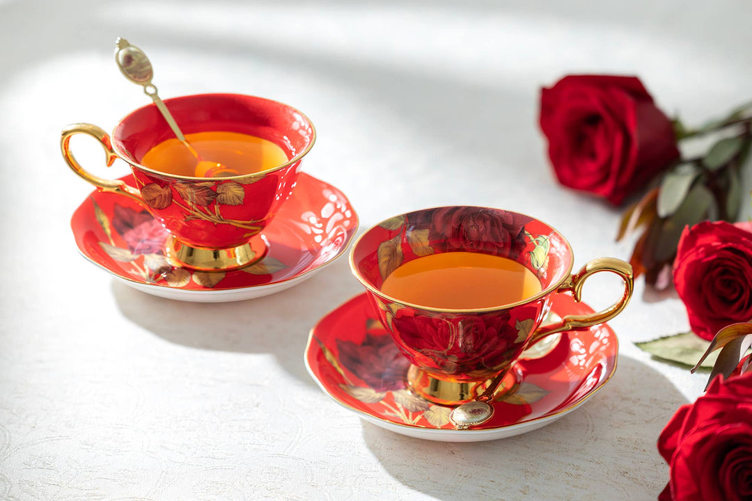 Gold & Red Stem Rose Bone China Tea Cup and Saucer