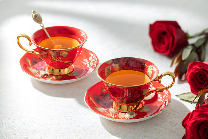 Gold & Red Stem Rose Bone China Tea Cup and Saucer