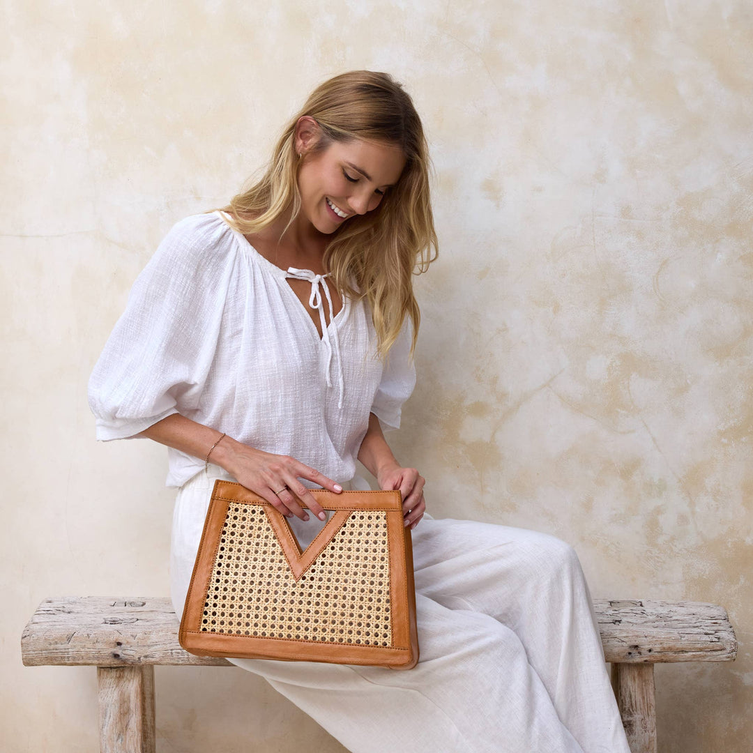 Brown Cane Weave Rattan Triangle Handbag