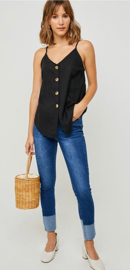 Black Button Down Linen Tank