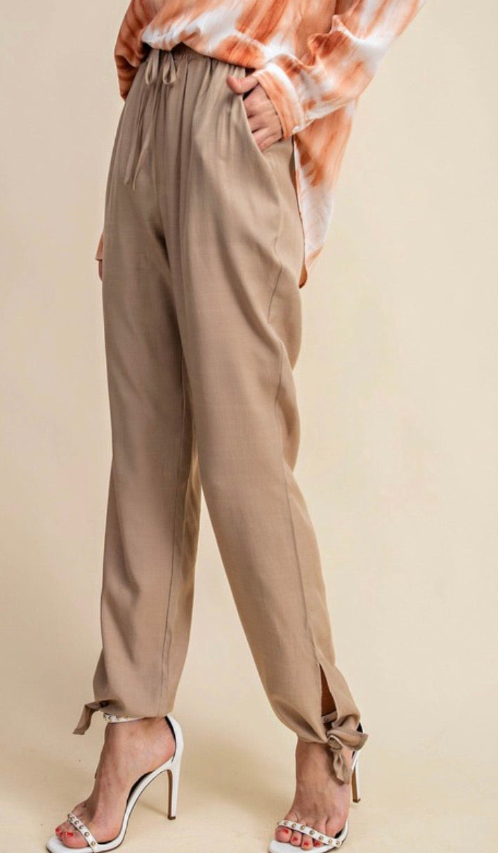 Camel Bottom Tie Pant with Elastic Waist and Pockets