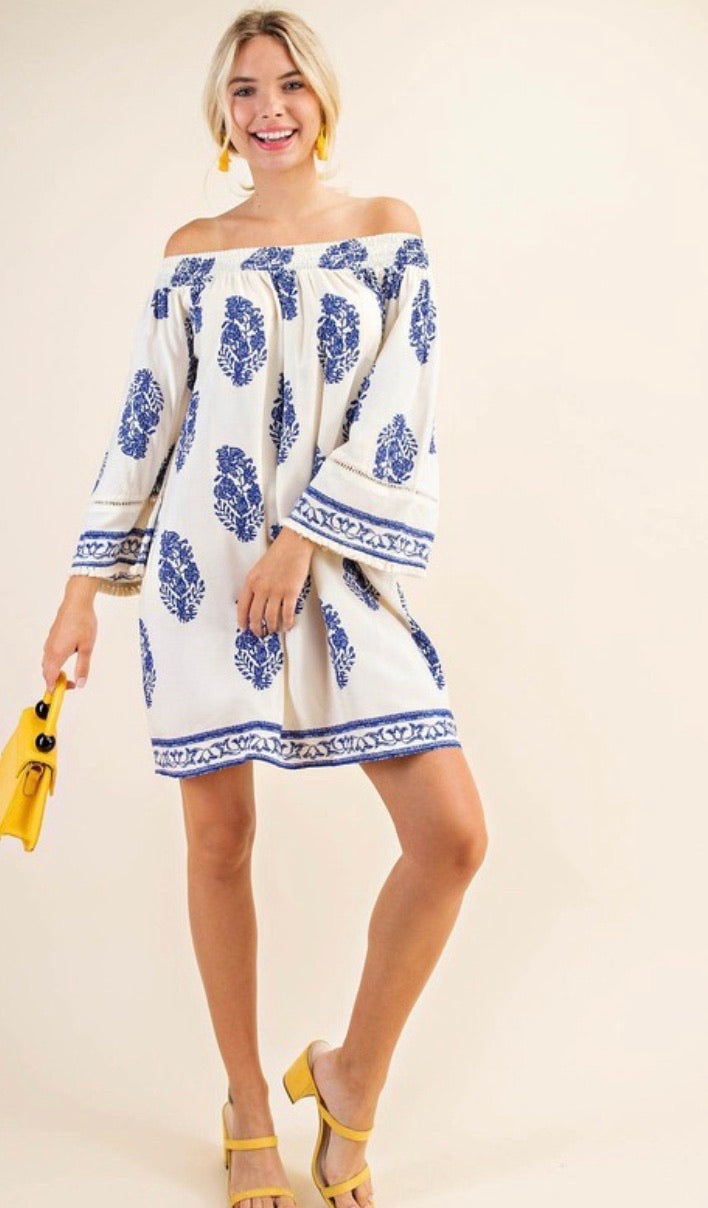 Ivory/Blue Off-Shoulder Dress with Print and Fridge Sleeve