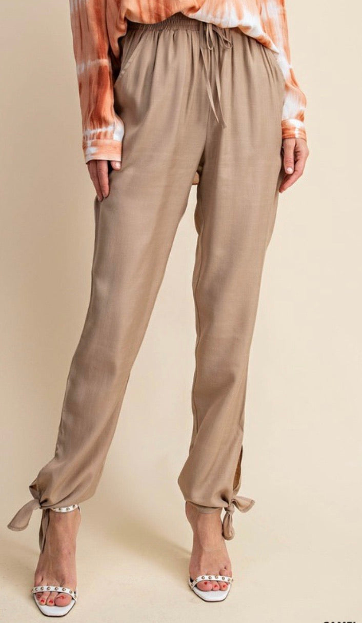 Camel Bottom Tie Pant with Elastic Waist and Pockets