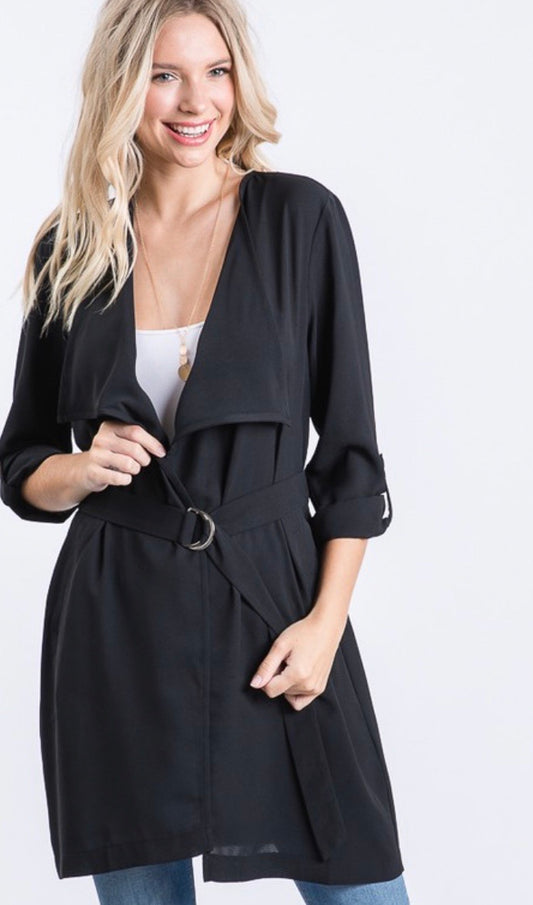 Black Crepe Ring Sash Jacket with Pockets