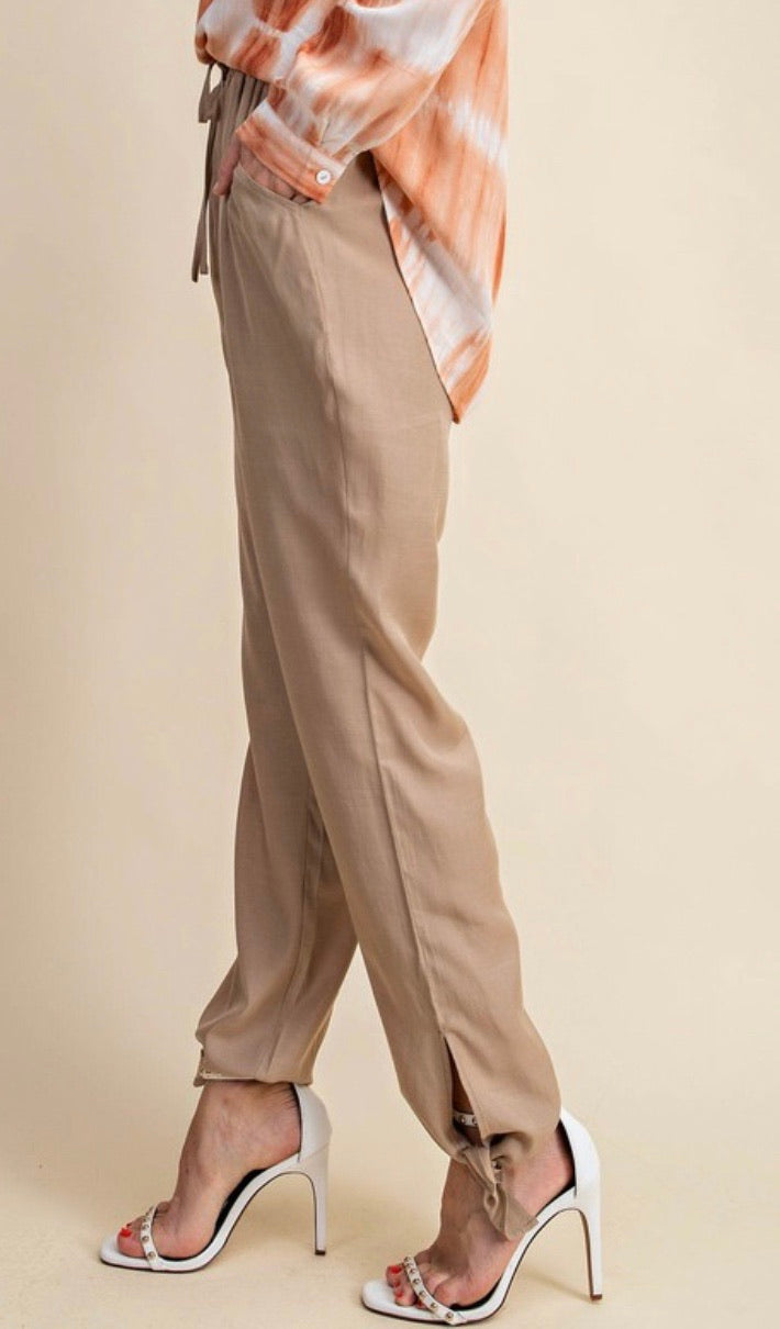 Camel Bottom Tie Pant with Elastic Waist and Pockets