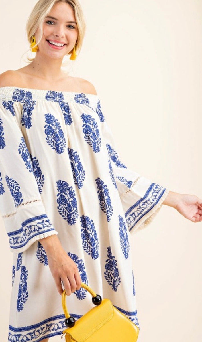 Ivory/Blue Off-Shoulder Dress with Print and Fridge Sleeve