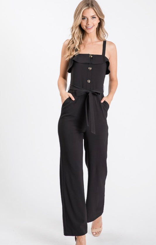 Black Strapped Ruffled Jumpsuit with Pockets