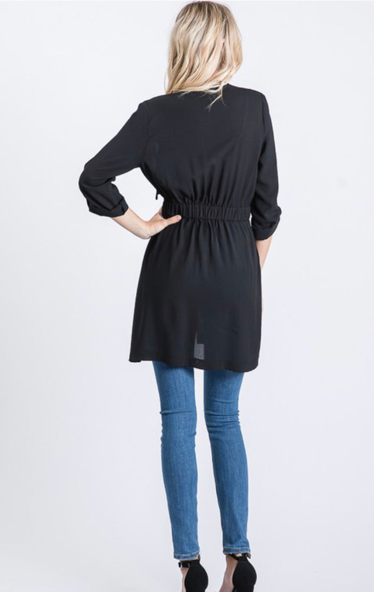 Black Crepe Ring Sash Jacket with Pockets