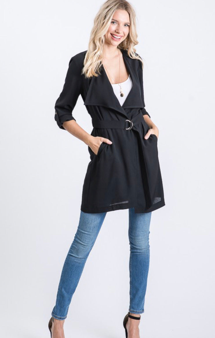 Black Crepe Ring Sash Jacket with Pockets